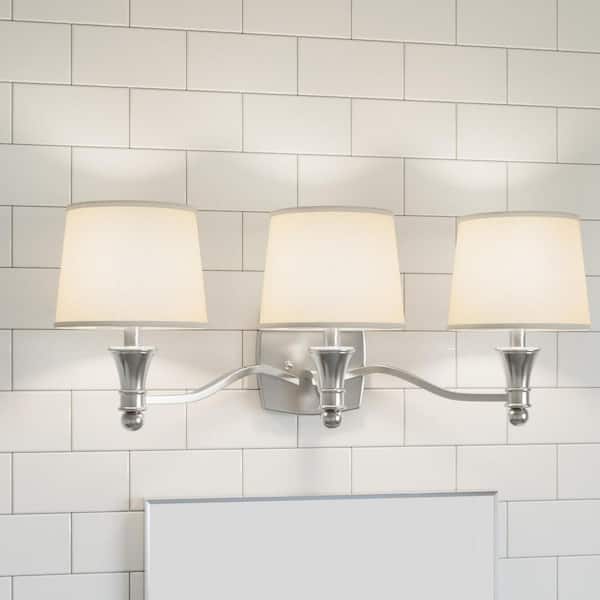 Hampton Bay Towne 3-Light Brushed Nickel Vanity Light with White Fabric Shades