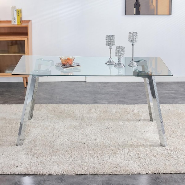 Polibi Modern Rectangle Silver Glass Dining Table with 4 Legs Seats for 6 (63.00 in. L x 30.00 in. H)
