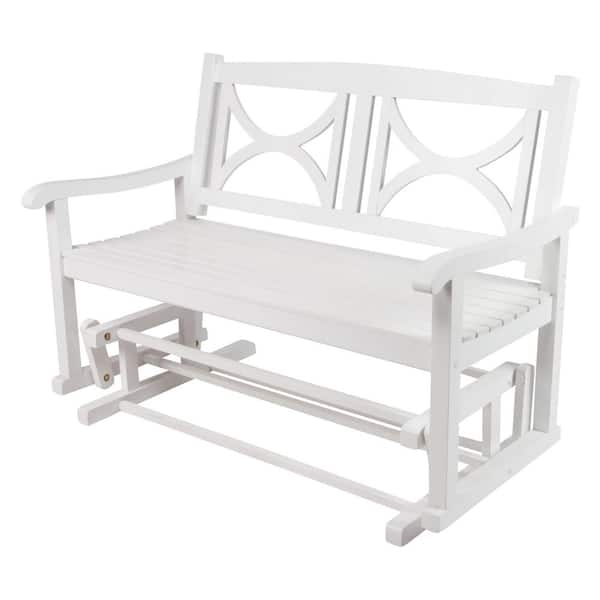 Shine Company 48.5"L White Wooden Outdoor Luna Porch Glider Bench, Yard Patio Garden Wood Furniture