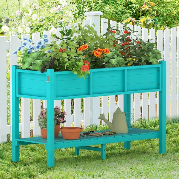 LUE BONA 48 in. x 18 in. x 30 in. Blue Raised Planter Boxes, Elevated Plastic Garden Bed Stand for Backyard, Patio, Balcony