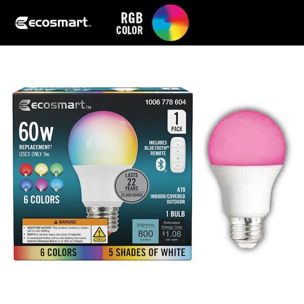 60-Watt Equivalent A19 E26 Base CEC Color Changing LED Party Light Bulb Starter Kit with Remote (1-Pack)
