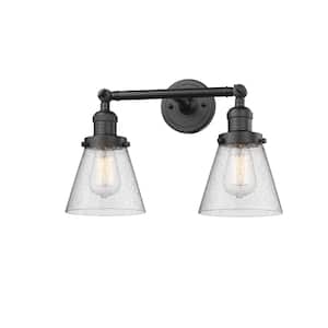 Small Cone 16 in. 2-Light Oil Rubbed Bronze Vanity Light with Seedy Glass Shade