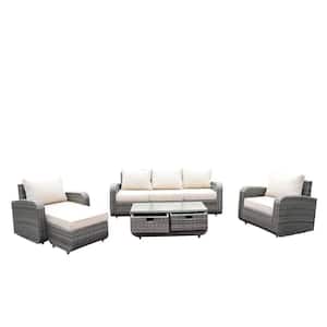 Strathmere Grey 5-Piece Wicker Patio Conversation Set with Beige Cushions