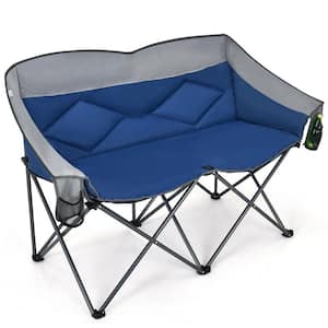 Blue Steel Folding Camping Chair with Bags and Padded Backrest, 2-Sitting