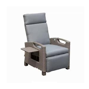 1-Piece Hand-Woven Wicker Outdoor Recliner Chair with Gray Cushions