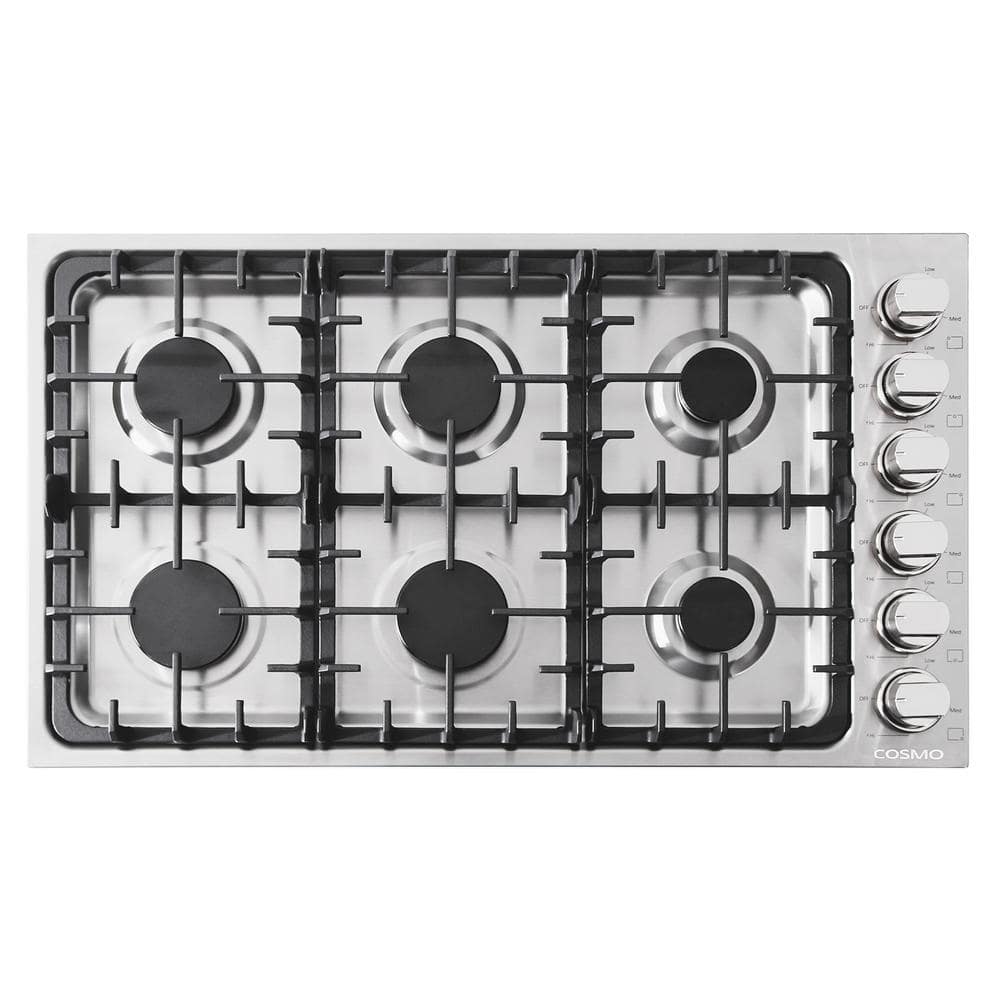 Cosmo 36 in. Gas Cooktop in Stainless Steel with 6 Italian Made Burners, Silver