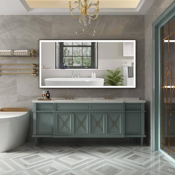 RECA 72 in W x 36 in. H Rectangular Single Aluminum Framed Anti-Fog LED Light Wall Bathroom Vanity Mirror in Matte Black