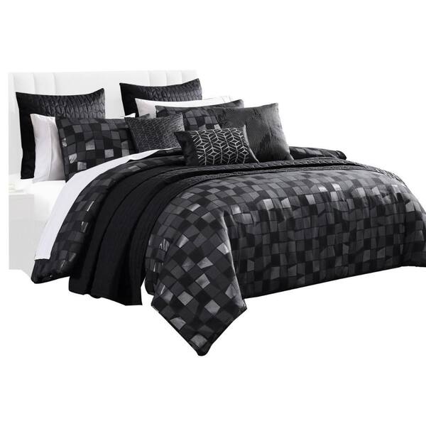 Benjara Eve 10- Piece Black and Gray Solid Print Polyester King Comforter Set
