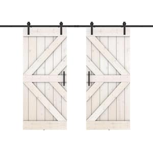 Double KL Series 84 in. x 84 in. Fully Set Up White Finished Pine Wood Sliding Barn Door with Hardware Kit