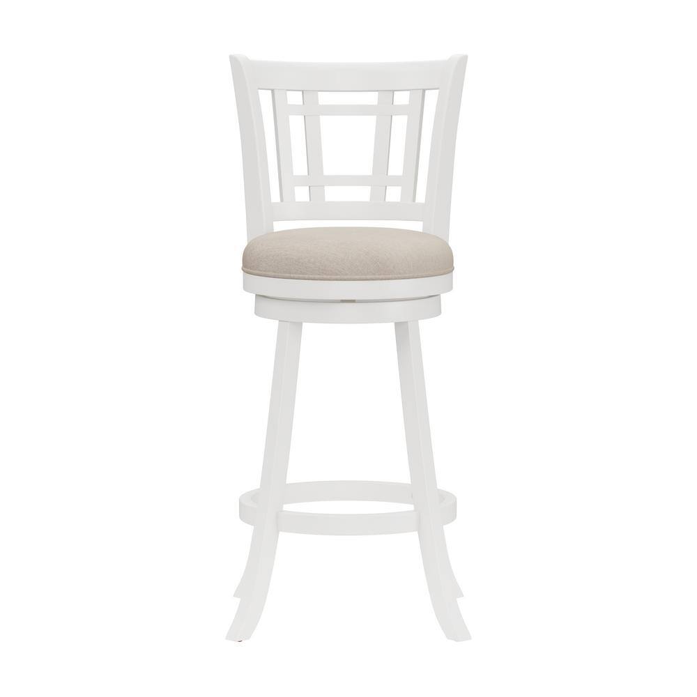 Elegant White Swivel Bar Stool with Beige Fabric Seat and Wood Accents