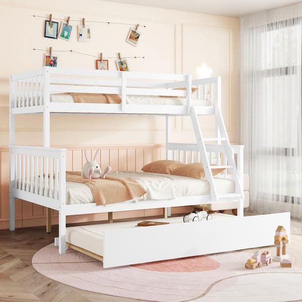 White Twin over Full Wood Frame Bunk Bed with Trundle, Convertible Ladder and Guardrail, Detachable, Twin Size Trundle