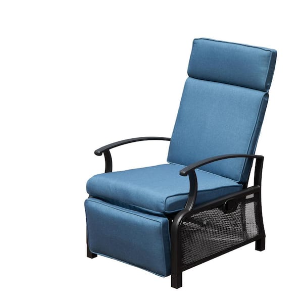 Tenleaf Black Metal Outdoor Lounge Chair with Blue 6.8 in. Removable Cushion, Flip Table Push Back, Adjustable Angle