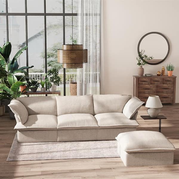 122.8 in. Flared Arm 4-Piece Linen L-Shaped Deep Seat Cloud Couch Pine Wood Sectional Sofa in Beige with Storage Ottoman