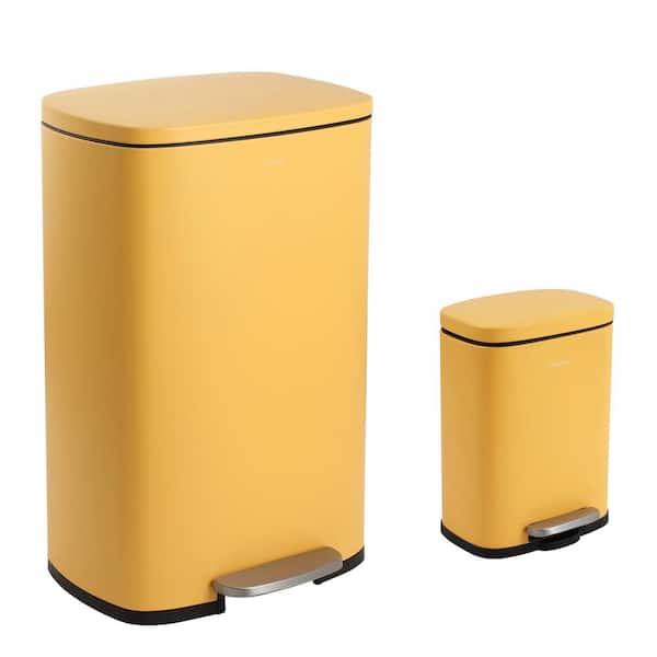 happimess Connor Rectangular 13.2 Gal. Daffodil Yellow Trash Can with Soft-Close Lid and Free Mini Trash Can
