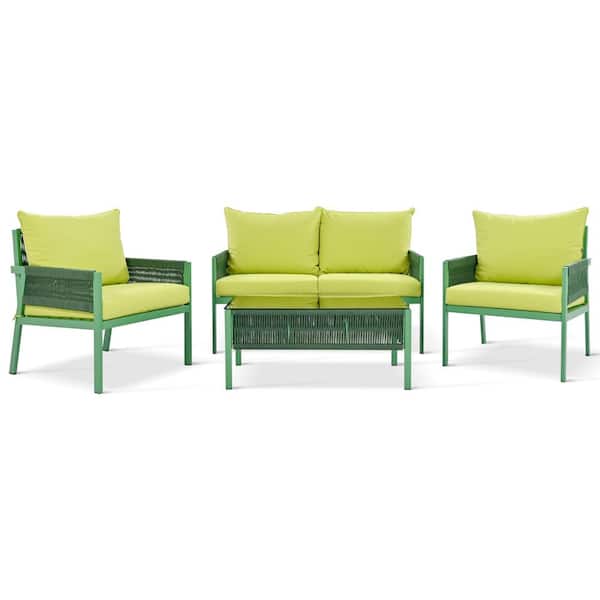 Boosicavelly 4-Piece Boho Rope Patio Conversation Set with Yellow-Green Cushions and Tempered Glass Table