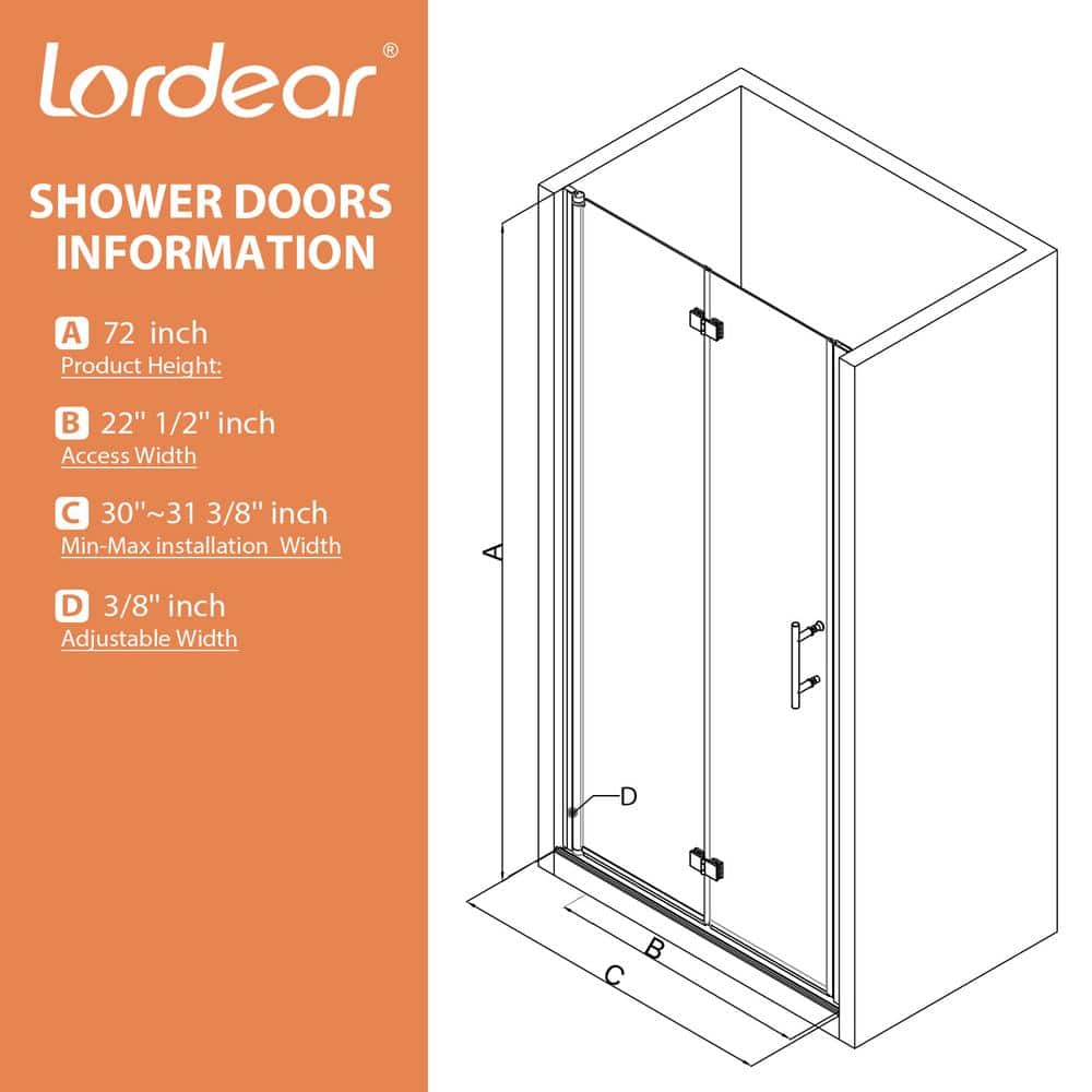 Matte Black Frameless Glass Bifold Shower Door 30" x 72"