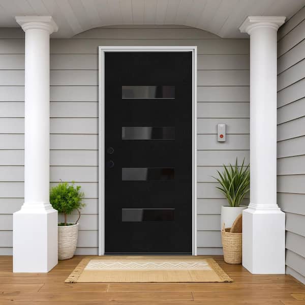 36 in. x 80 in. Flush Right-Hand 4-Lite Frosted Glass Black Finish Fiberglass Prehung Front Door with Threshold, Hinge