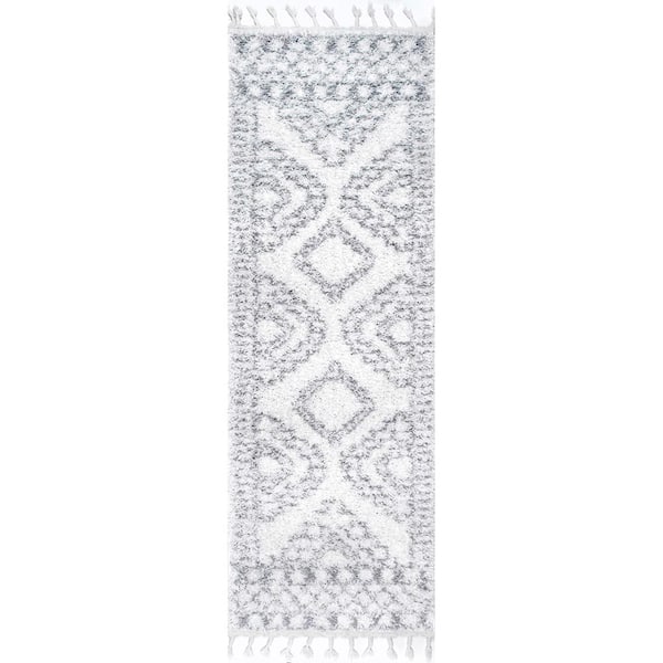 nuLOOM Vasiliki Moroccan Tassel Shag White 3 ft. x 10 ft. Runner