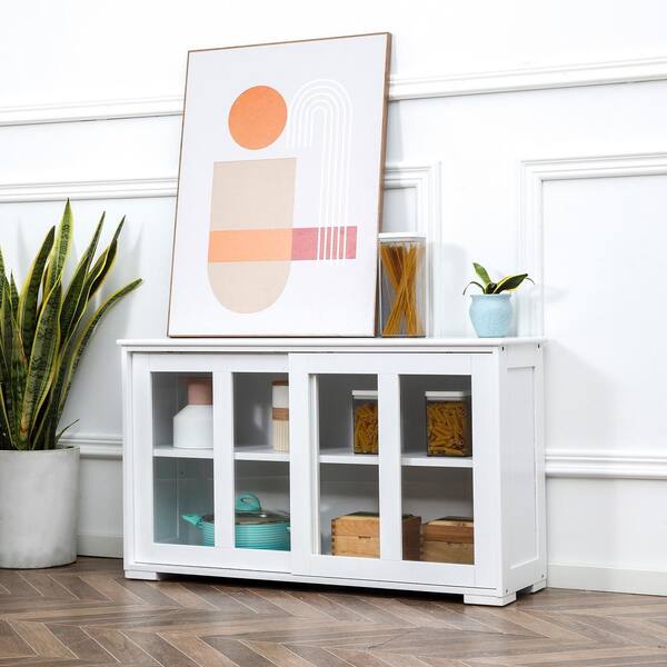 HOMCOM White MDF Kitchen Sideboard with Sliding Glass Door Console 835 516WT The Home Depot