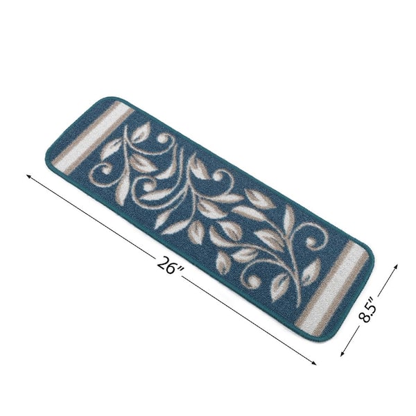Beverly Rug New Blue 8.5 in. x 26 in. Floral Non-Slip Stair Tread Cover (Set of 15)
