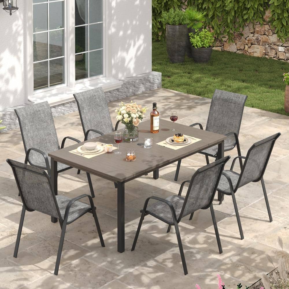 Gray Wood-Like 7-Piece Metal Rectangular Outdoor Patio Dining Set with 6 Stackable Gray Textilene Chairs price history on PriceWatchPro