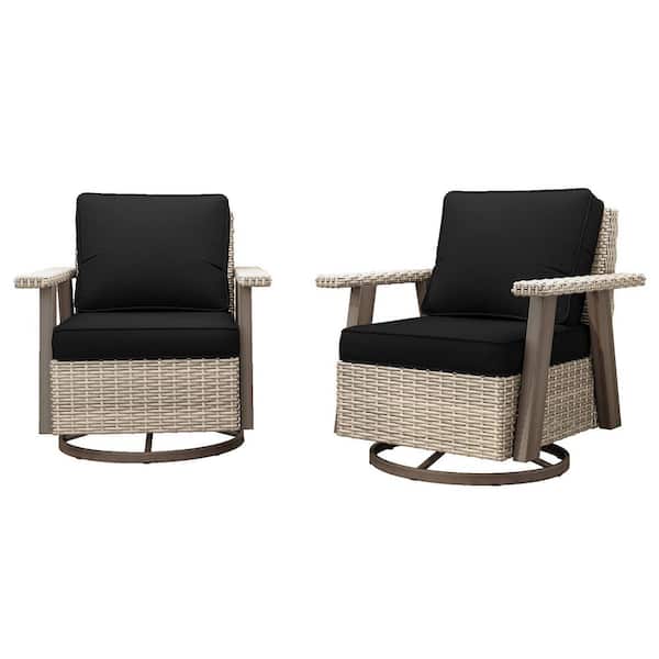 Brown Swivel Wicker Outdoor Lounge Chair Seating Set with Black Cushions (2-Pack)