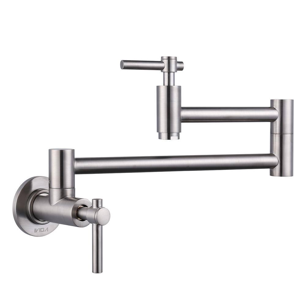 Wowow Wall Mounted Pot Filler With Double Handles In Brushed Nickel Vg2313001 Bhhd The Home Depot