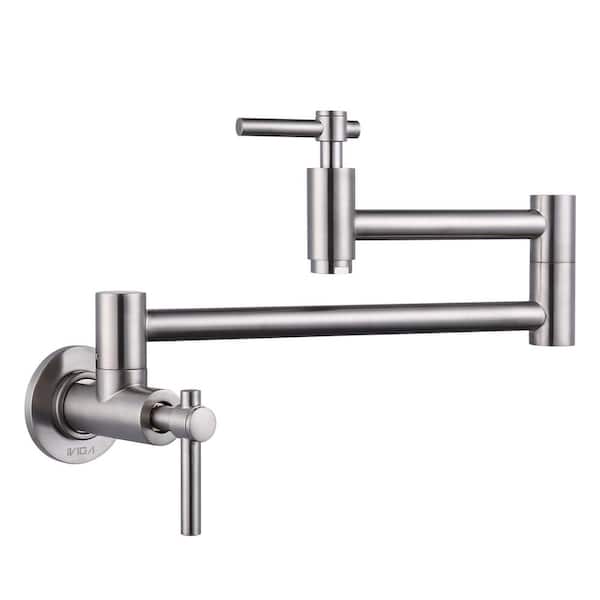 WOWOW Wall Mounted Pot Filler with Double Handles in Brushed Nickel