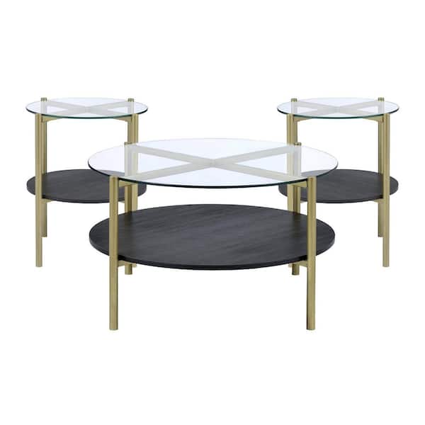 Dyson 33 in. Black/Gold Round Glass Coffee Table with Storage