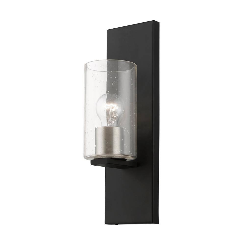 Black and Brushed Nickel 1-Light Sconce with Clear Seeded Glass
