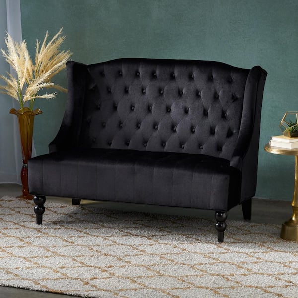 50.25 in. Black Solid Pine Frame Velvet 2-Seats Button-Tufted Loveseat with 2-Wingbacks and Gourd Shaped Legs