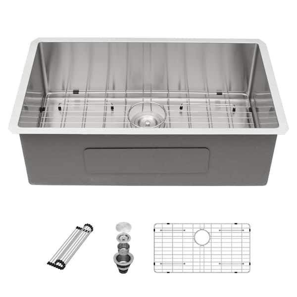33 in. Undermount Single Bowl 16 Gauge Stainless Steel Kitchen Sink with 10 in. Deep Bowl and Rear Drain