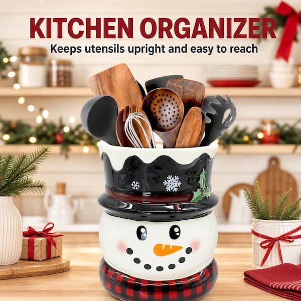Wudkey 6.3 in. Christmas Snowman Ceramic Utensil Holder in White