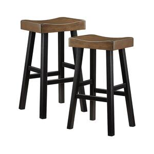 Oxton 30 in. Black and Brown Wood Pub Height Stool with Wood Seat (Set of 2)