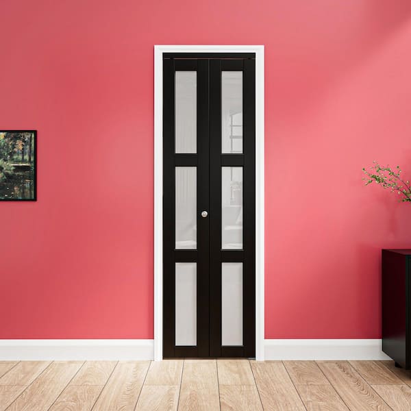 24 in. x 80 in. 3-Lite Frosted Glass Solid Core MDF Black Finished Glass Closet Bifold Door with Hardware for Closet