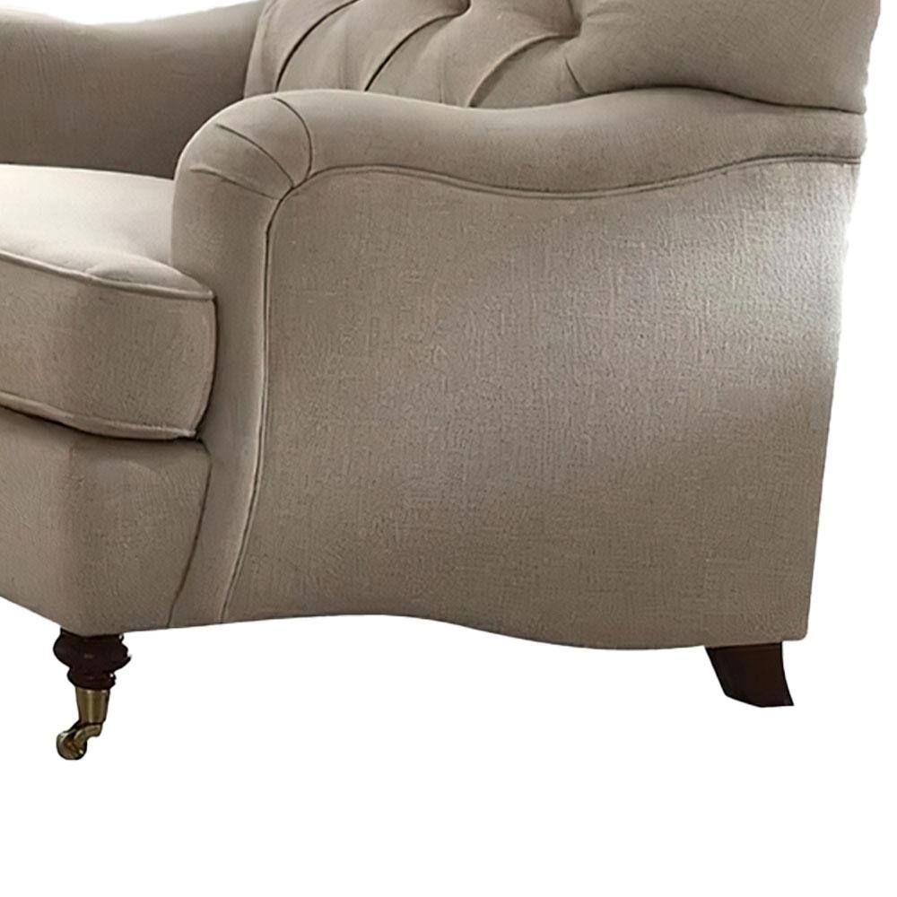 Elegant Beige Leather-Wood Accent Chair with Diamond Tufting