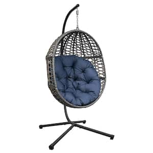 Oversized Swing Egg Chair with Stand Indoor Outdoor PE Wicker Rattan Patio Basket Large Hanging Chair with Cushion, Navy
