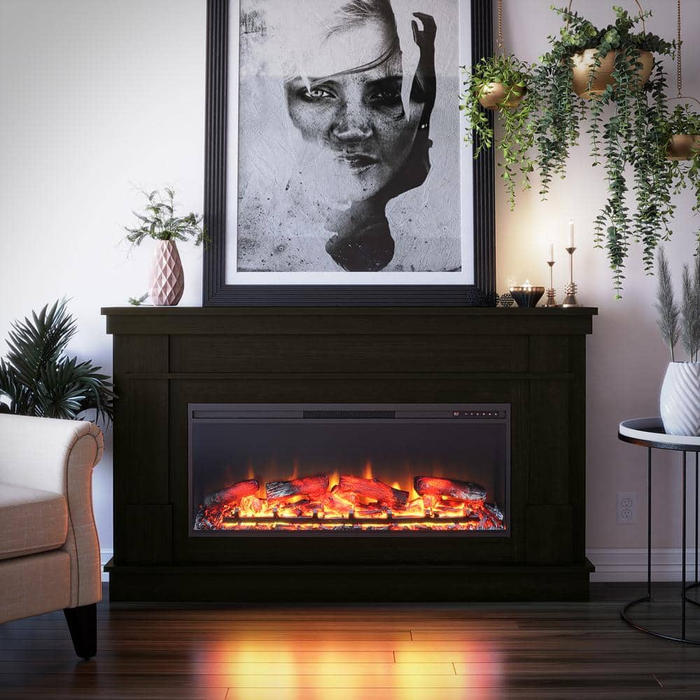 Elmcrest 64 in. x 38 in. Mantel with Linear Electric Fireplace, Charred Oak