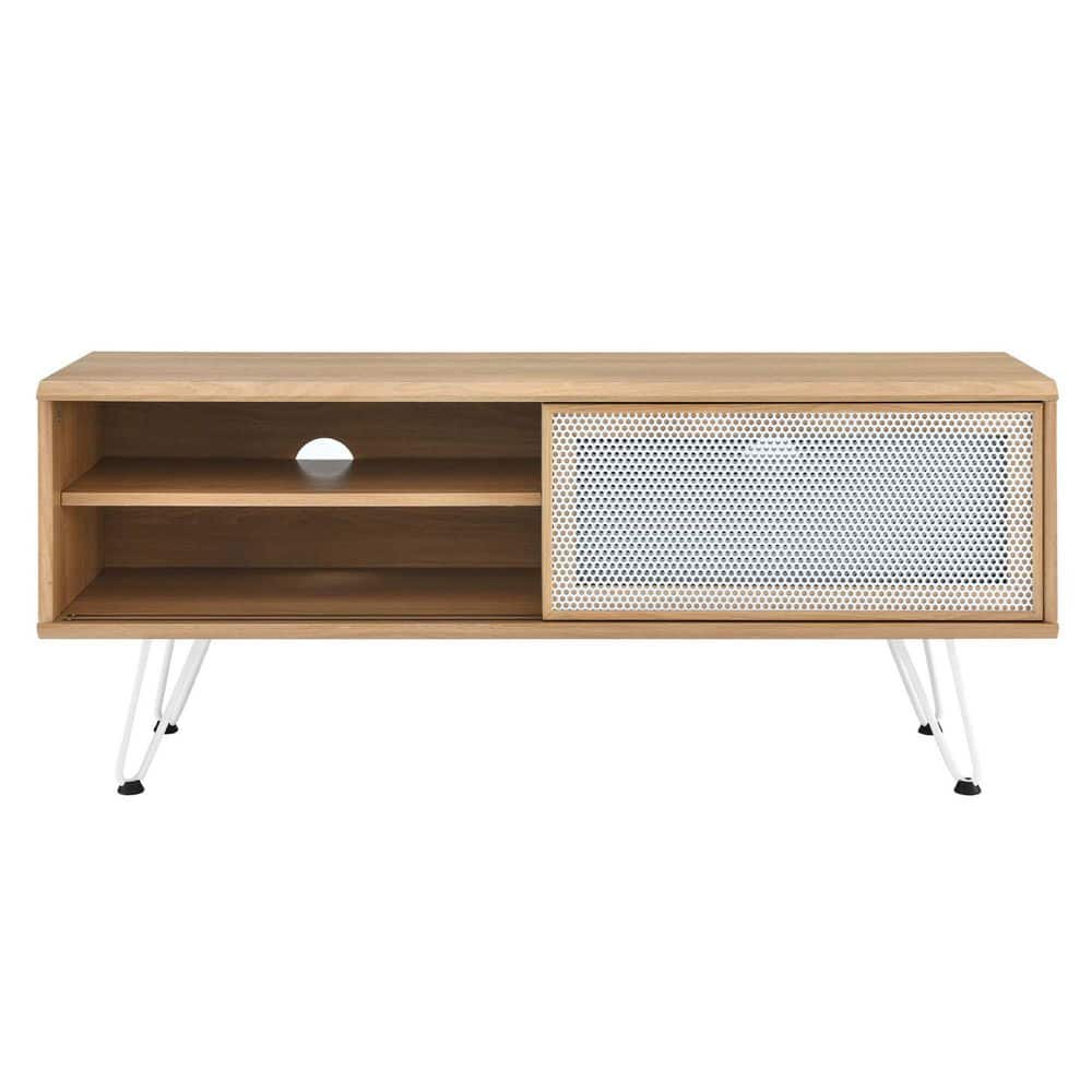 Nomad Oak Wood Grain Laminate TV Stand with White Mesh Doors