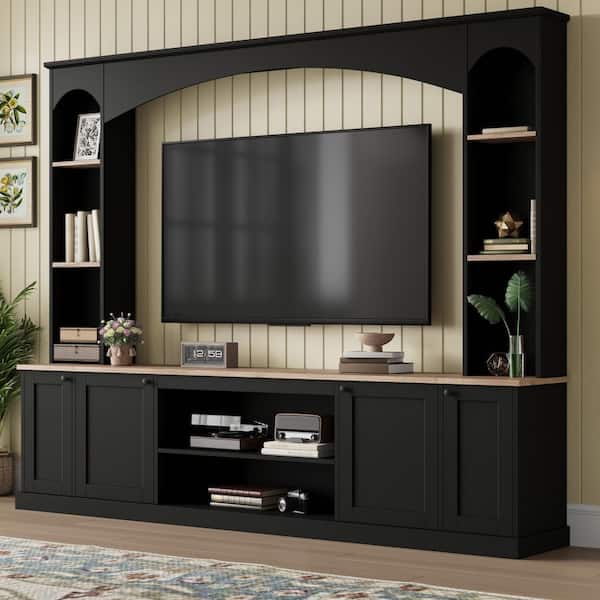 Black Elegant Arched Wood Grain Entertainment Center Wall Unit Fits TVs Up to 70 in. with Bookshelf, Media Console