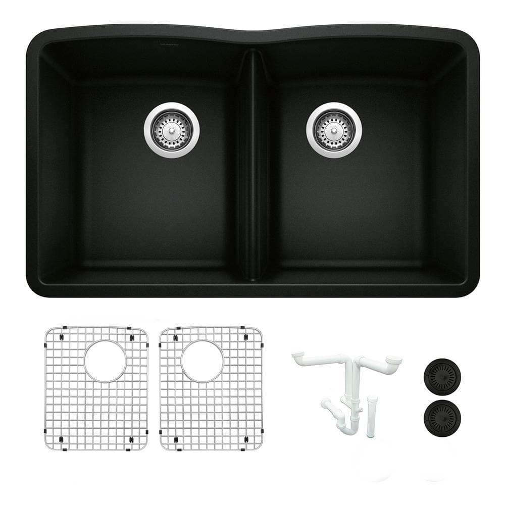 Diamond 32 in. Undermount Double Bowl Coal Black Granite Composite Kitchen 