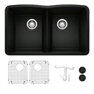 Diamond 32 in. Undermount Double Bowl Coal Black Granite Composite Kitchen Sink Kit with Accessories