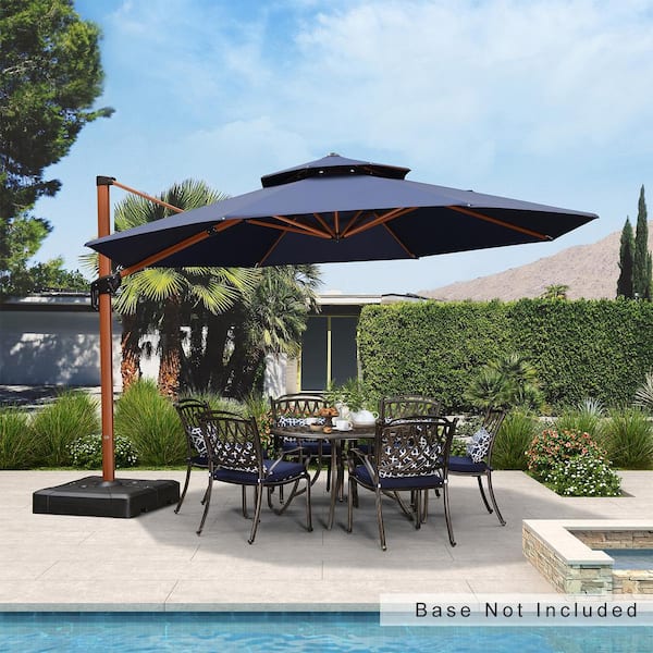 PURPLE LEAF 13 ft. Octagon All-aluminum 360-Degree Rotation Wood pattern Cantilever Offset Outdoor Patio Umbrella in Navy Blue