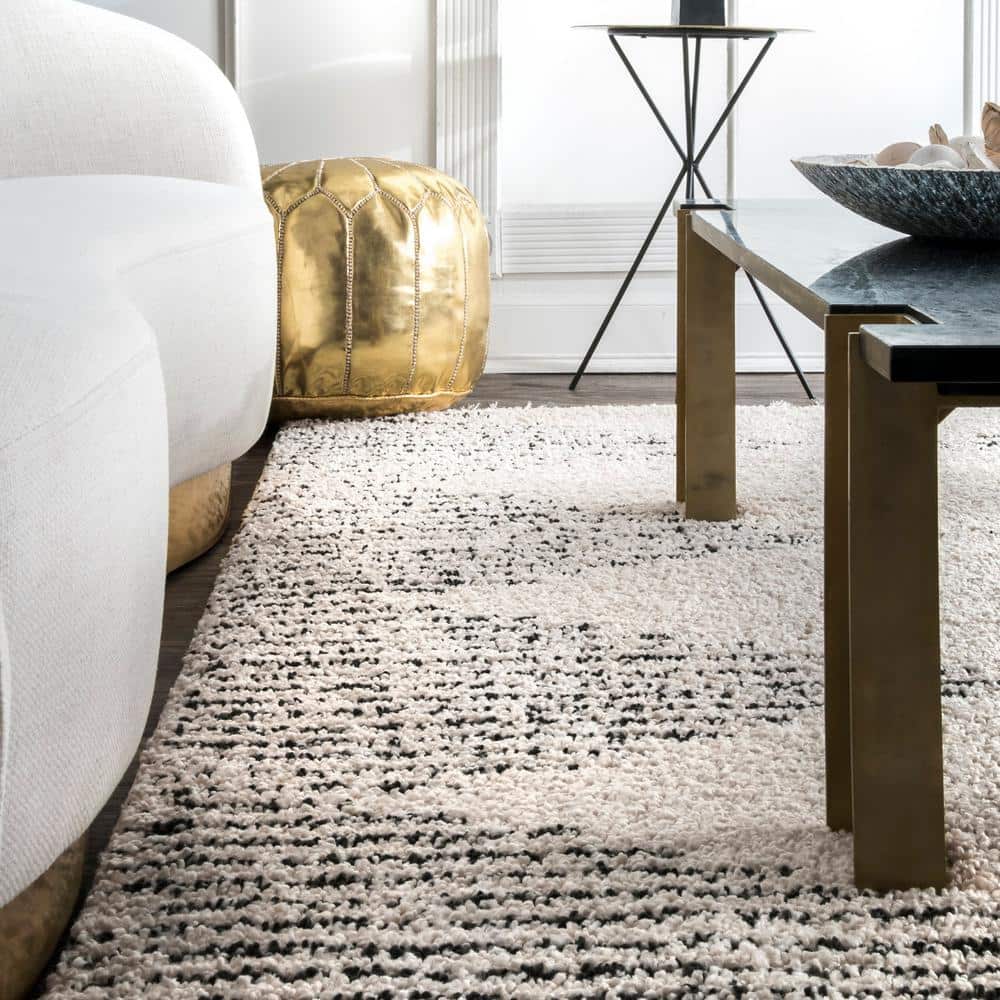 Off-White Synthetic Square Shag Rug with Braided Tassels