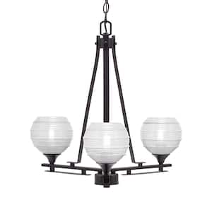 Ontario 19.25 in. 3-Light Dark Granite Geometric Chandelier for Dinning Room with Clear Ribbed Shades No Bulbs Included