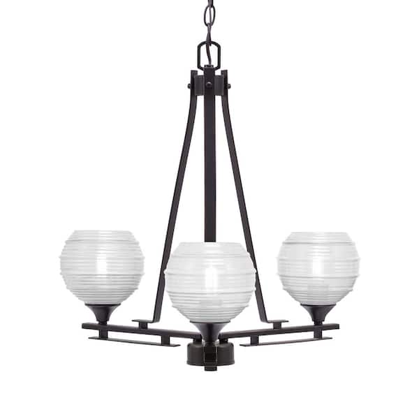 Unbranded Ontario 19.25 in. 3-Light Dark Granite Geometric Chandelier for Dinning Room with Clear Ribbed Shades No Bulbs Included