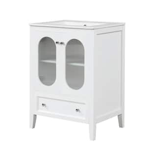 24 in. W x 18 in. D x 34 in. H Single Freestanding Bath Vanity in White with White Ceramic Top and Moru Glass Doors