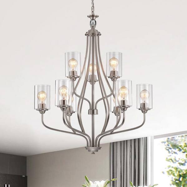 Edvivi 9-Light Brushed Nickel Classic Chandelier with Clear Glass Shades