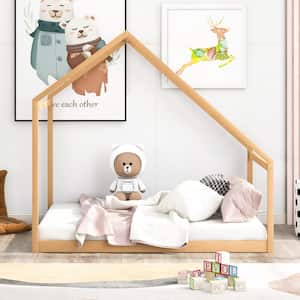 Natural Wood Full Size House Bed with Roof for Kids, Full Size Daybed Canopy Bed Platform Bed Frame with Four Posters