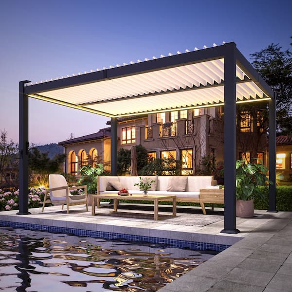 10 ft. D x 13 ft. W Louvered Pergola Outdoor Metal Pergola with Adjustable Louvers and LED Light Strips